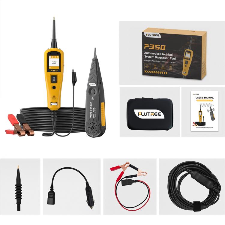 Automotive circuit diagnostic tester kit with yellow handheld unit, cables, clips, probes