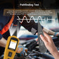 Hand using automotive circuit diagnostic tester probes near engine for wire path signal