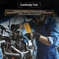 Technician holding automotive circuit diagnostic tester for continuity test on engine wiring