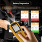 Automotive circuit diagnostic tester reading battery diagnostics with yellow handheld display