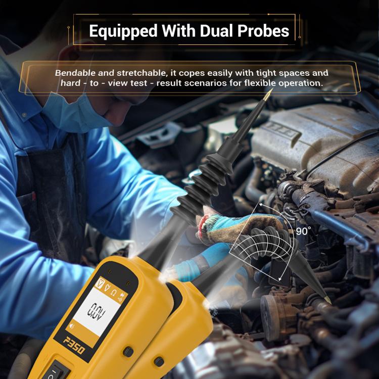 Dual-probe automotive circuit diagnostic tester held near engine bay with flexible leads
