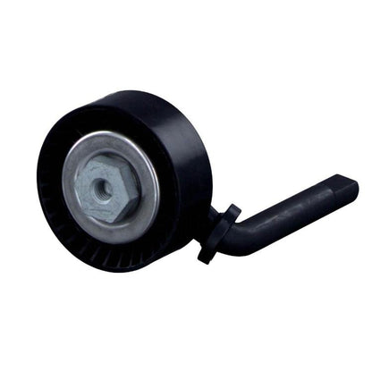 Car drive belt tensioner with black pulley and metal center bolt