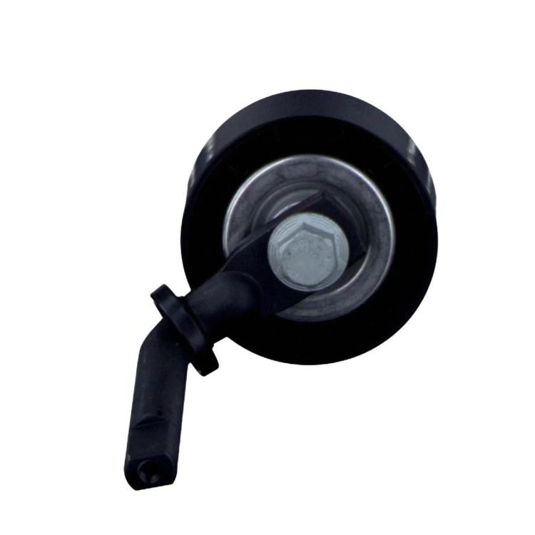 Car drive belt tensioner with black pulley and gray mounting center bolt