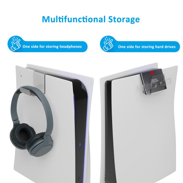 Clear acrylic hanger with gray headphone hook storage and hard drive mount panel