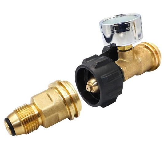 Brass propane adapter connector with black valve-style fitting and metal cap