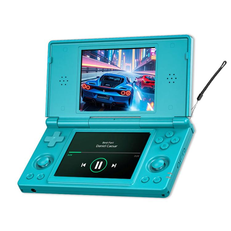 Blue flip dual-screen handheld game console with touchscreens and built-in controls