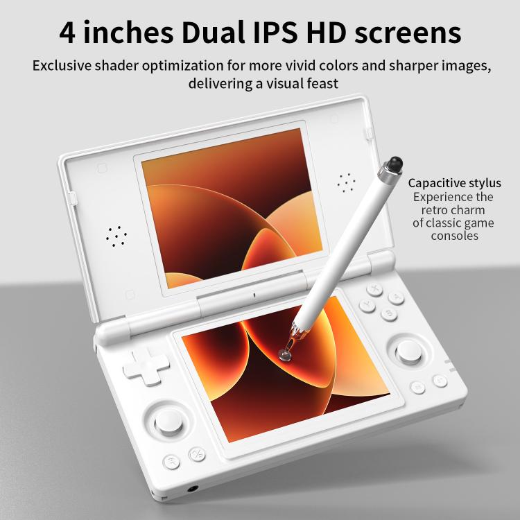 White flip dual-screen handheld game console with screens and included stylus