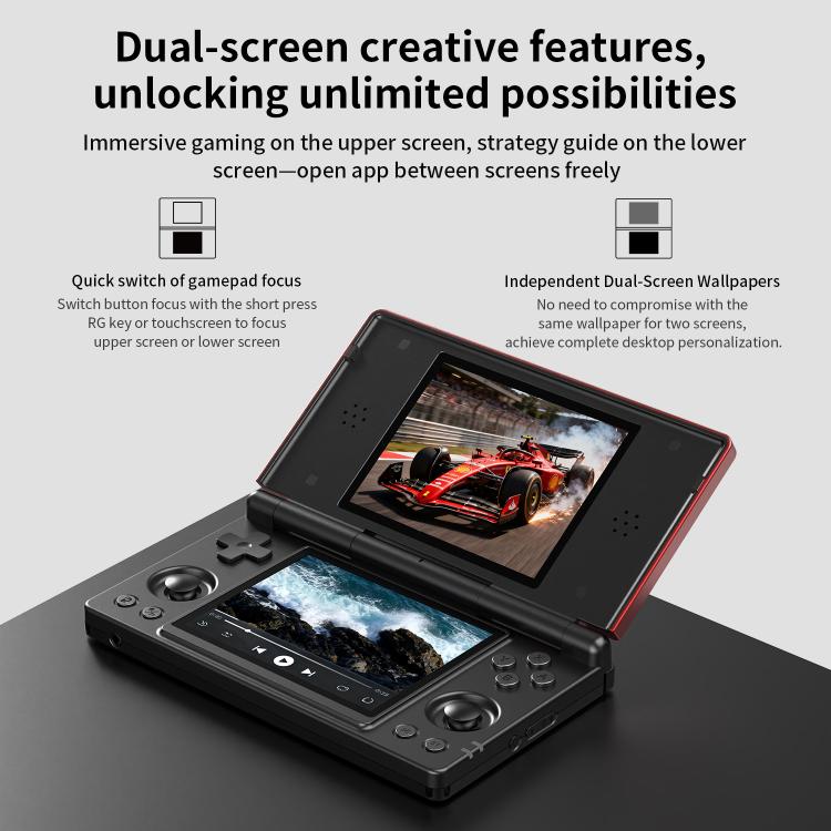 Black flip dual-screen handheld game console open with dual displays