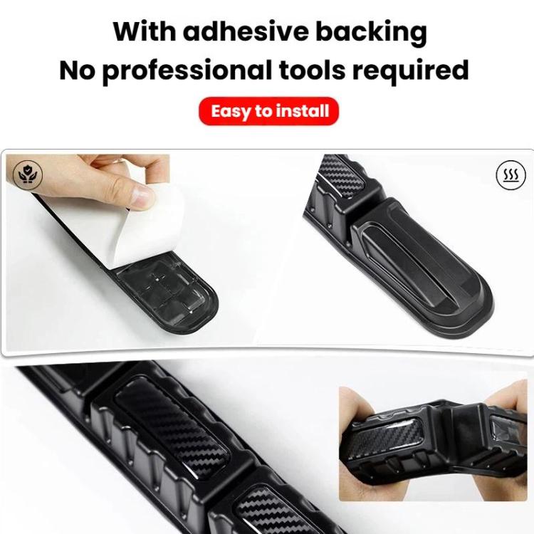 Black bumper protection strip with adhesive backing and folding segmented design.