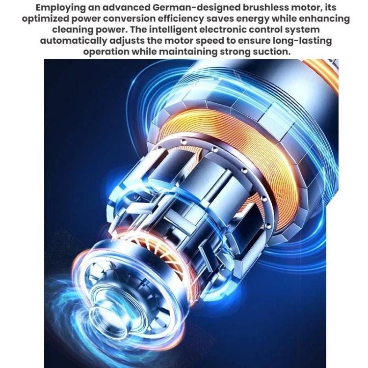 Brushless vacuum motor housing with airflow swirl illustration