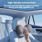 Gray-blue contoured neck support pillow on car headrest, high-density foam