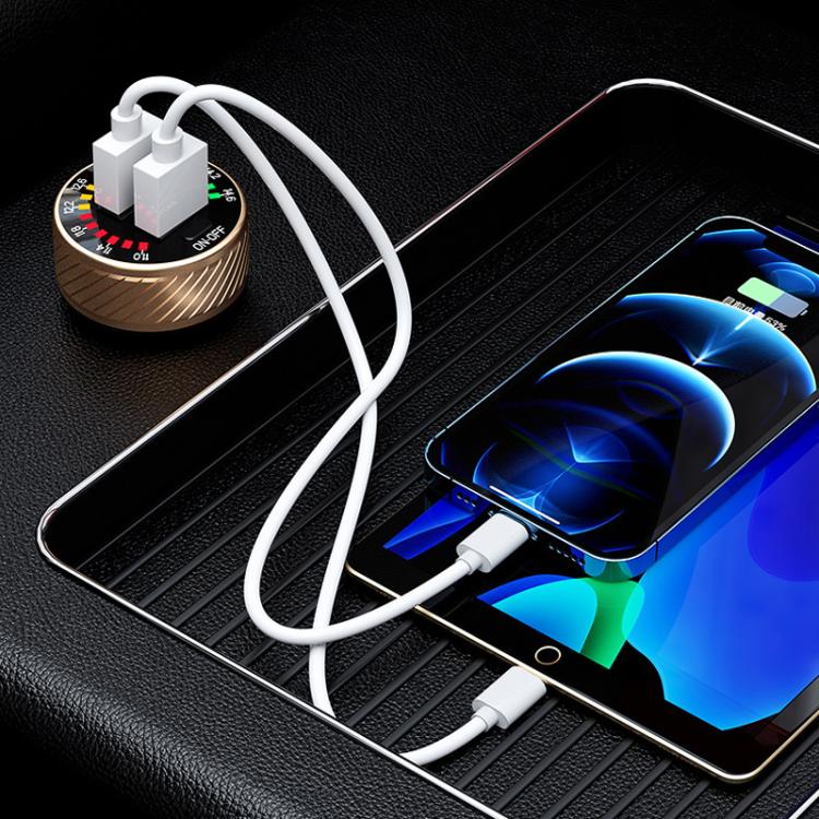 USB car cigarette lighter charger with LED indicator ring, switch, and USB ports