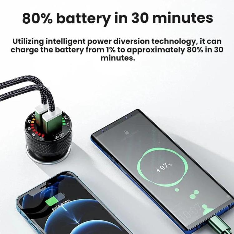 Black car USB charger with LED indicator and dual charging ports for a smartphone