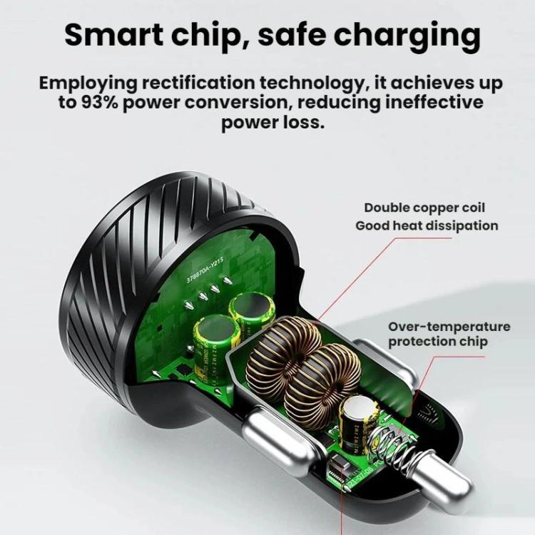 Black car cigarette lighter USB charger with visible internal circuit and indicator