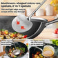 Mushroom-shaped metal wok scoop with thin curved edge and long dark wood handle