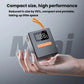 Compact portable digital tire inflator with LCD display and orange handle, carried in hand