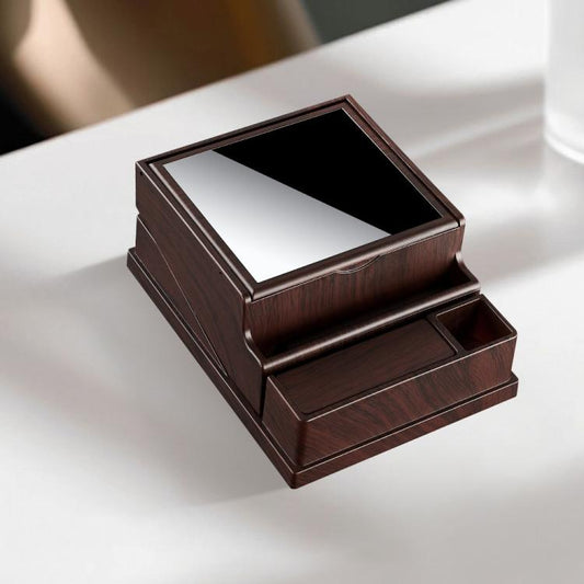Mahogany grain automatic cigarette case with open lid and lighter holder slot