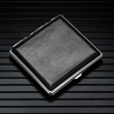 Black leather cigarette case with metal trim, hinged lid closed.