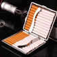 Open cigarette case with stacked cigarettes and metal spring holders.