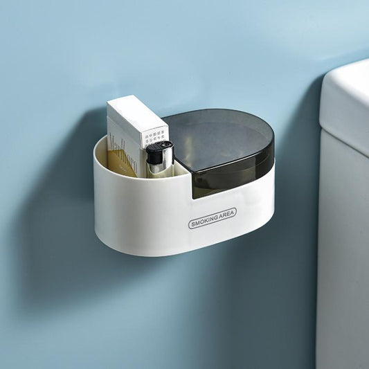 Wall-mounted stainless ashtray with lid, white base and circular silver inner cup