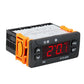 Black digital temperature controller with red LED readout and orange side terminal blocks