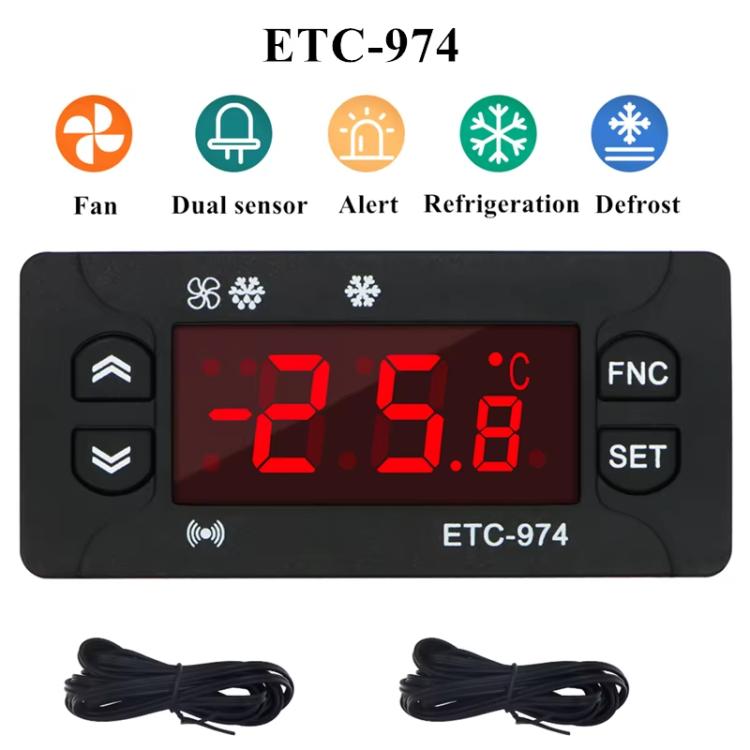Front panel digital temperature controller with red LED numbers, icons, and keypad buttons