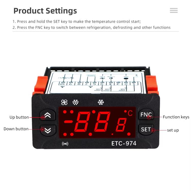 Digital temperature controller with open terminal block, red LED screen, and orange side tabs