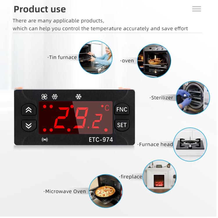Compact digital temperature controller with red LED display and orange control terminals
