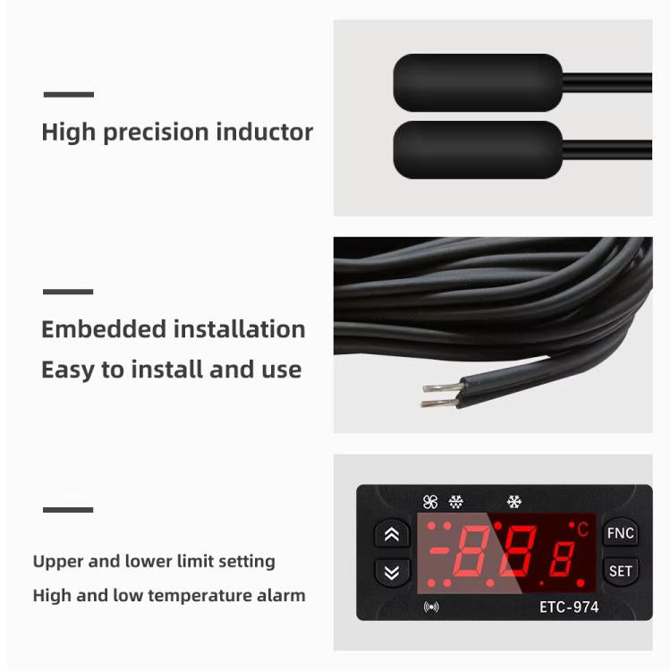Digital temperature controller with probe wire leads and red LED display for embedded use