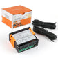 Orange-and-black digital temperature controller with red LED display and bundled wiring cable