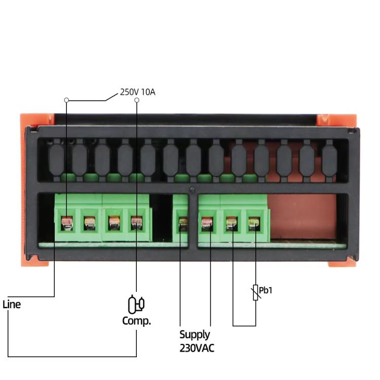 ETC-961 temperature controller terminal block with green wiring screw connections