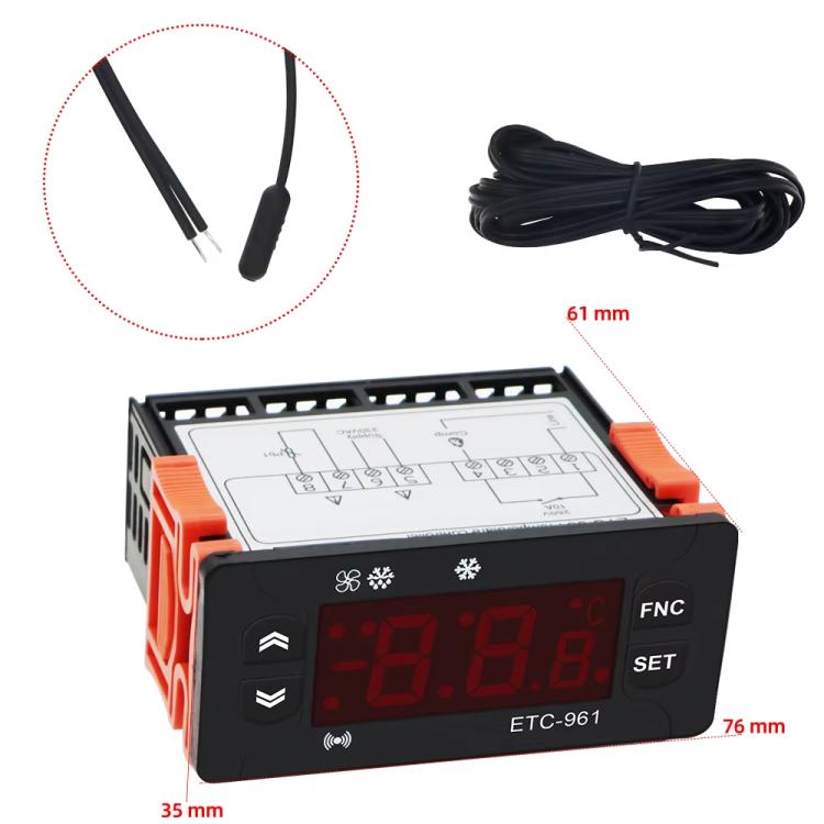 ETC-961 temperature controller with sensor probe lead and black power cable