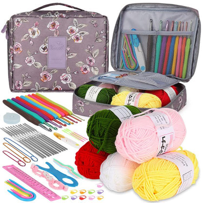 Crochet knitting kit set with floral bag, yarn skeins, and colorful hooks