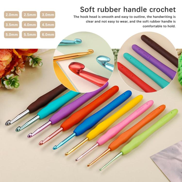 Colorful crochet hooks with metal tips and soft handles, arranged in a row