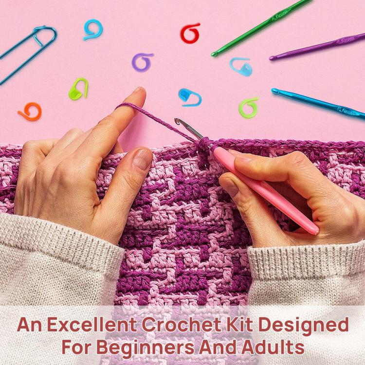 Hands crocheting purple knit fabric with a pink crochet hook