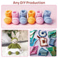 Crochet kit samples with small knitted items in pastel colors