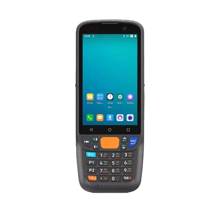 Handheld barcode scanner terminal with teal screen and backlit keypad