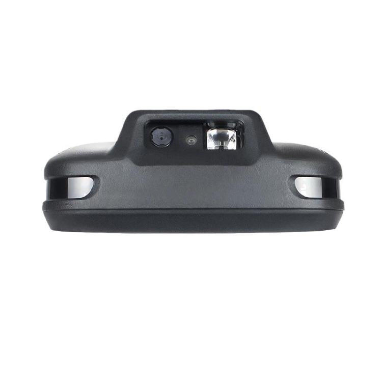 Back of black handheld terminal with camera window and handhold grips