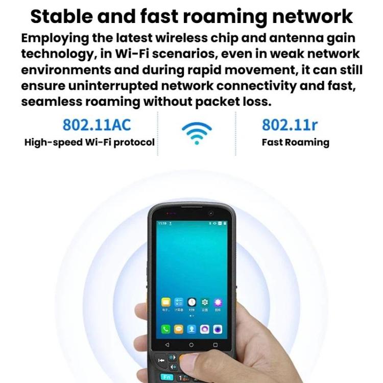 Handheld Android terminal in hand with Wi‑Fi connectivity signal graphic