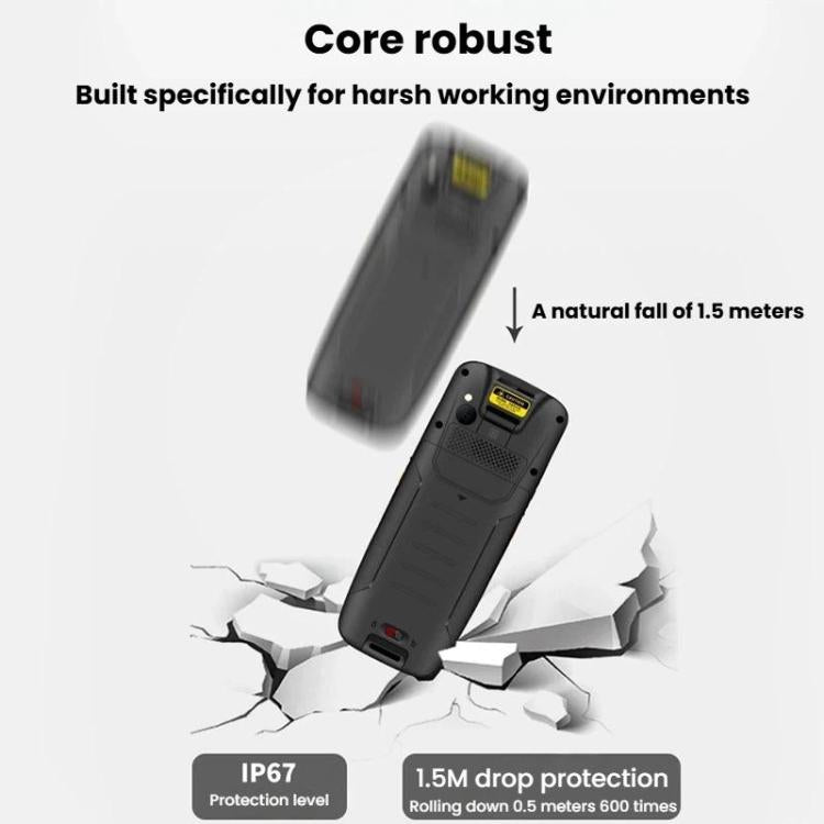 Rugged handheld terminal with drop protection graphic and IP67 label