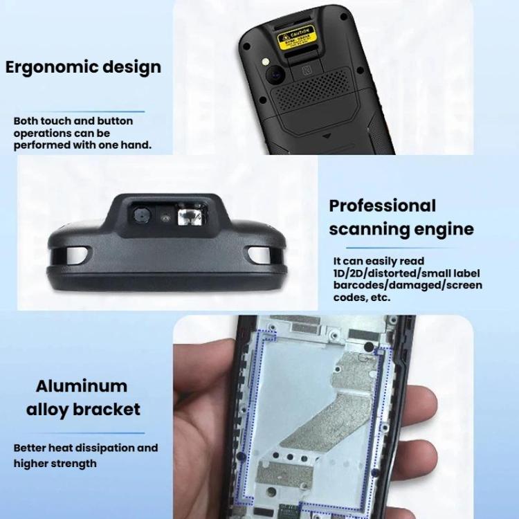 Black handheld barcode scanner terminal with rear camera, speaker grille, and ergonomic grip