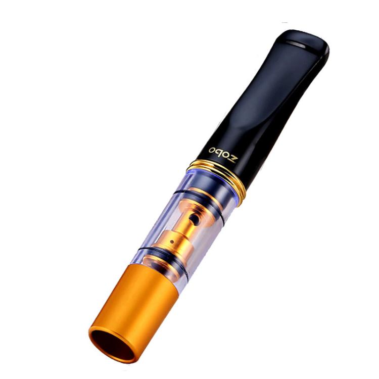 Cigarette filter holder with black mouthpiece and gold-toned body, angled view