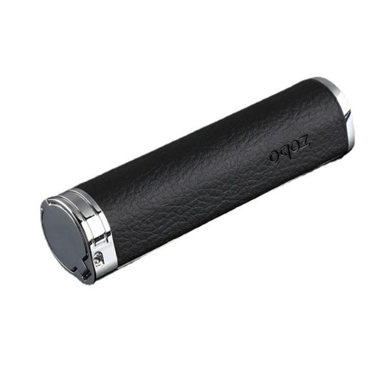 Cigarette filter storage case, black leather tube with silver metal end ring