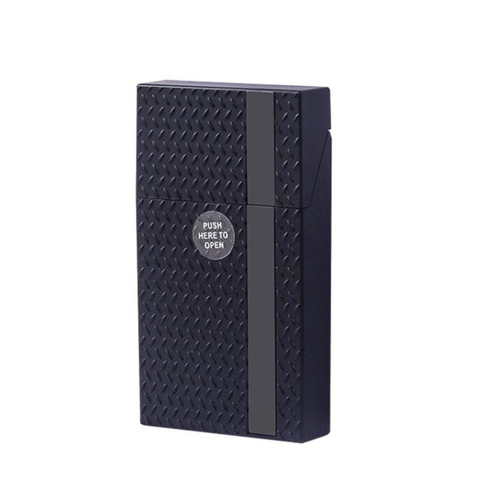 Black slim cigarette case with vertical stripe detail and push-to-open panel