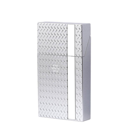 Silver slim cigarette case with vertical stripe detail and push-to-open panel
