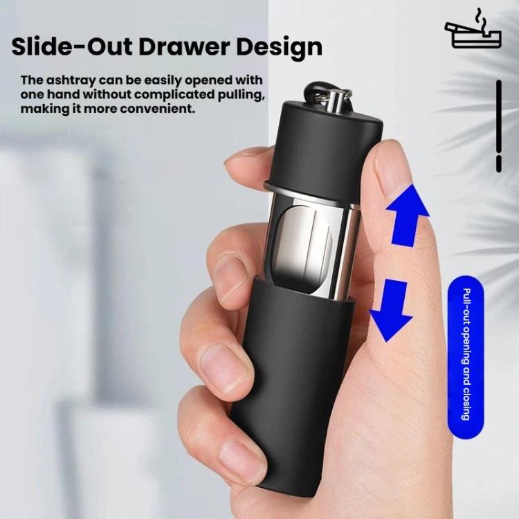 Portable metal-lined pocket ashtray, black slide-out drawer design in hand
