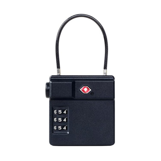 TSA combination luggage lock with reset dial and steel cable loop, dark finish