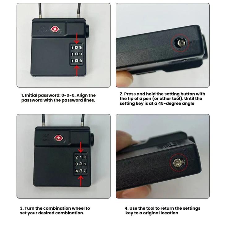 TSA combination lock setup showing combination wheel and setting tool and keyhole