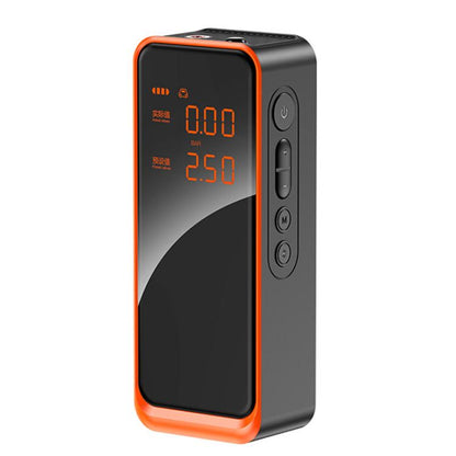 Portable digital air pump with orange-trimmed body and LED pressure display, side buttons