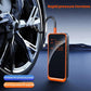 Portable wireless air pump standing on car side, LED screen showing 0.00 and 2.50